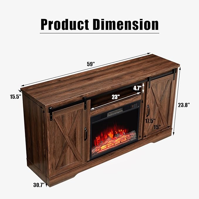 AMERLIFE Fireplace TV Stand with Sliding Barn Door for TVs up to 65", Farmhouse 59" Fireplace Entertainment Center with Storage Cabinets/Adjustable Shelves, Dark Walnut