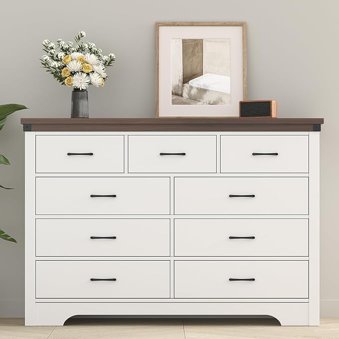 Farmhouse 9 Drawer Dresser for Bedroom, 52" Wide Chest of Drawers, Wooden Dresser TV Stand, Storage Dressers Organizer for Bedroom, Living Room, Hallway, White