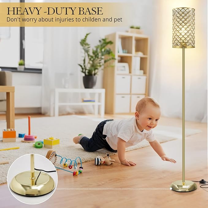 Gold Floor Lamp,Elegant Crystal Floor Lamp Modern Standing Lamp with On/Off Foot Switch,Tall Pole Accent Lighting for Living Room, Girl Bedroom, Dresser, Office