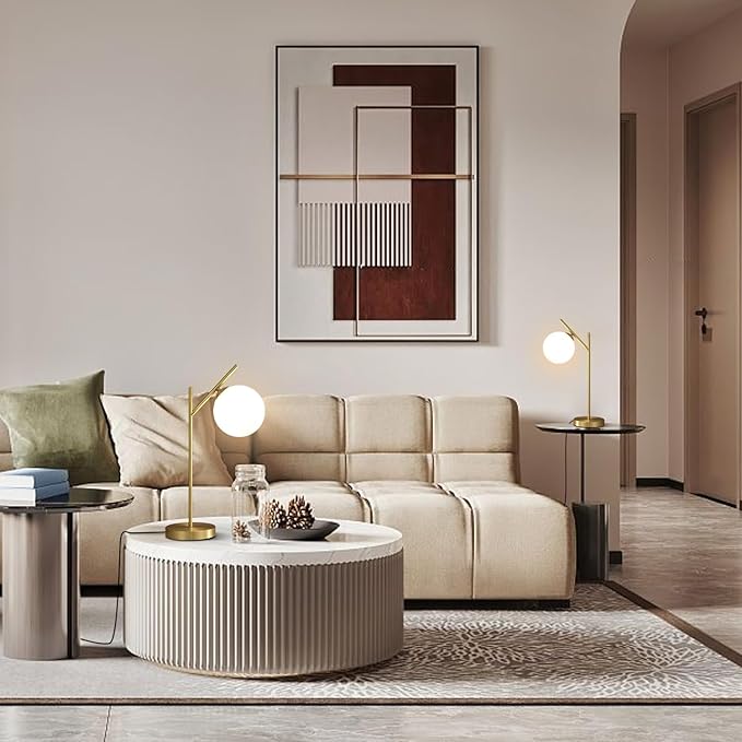 Globe Table Lamp Set of 2, Brass Glass Globe Desk Lamp with Milky White Glass Shade, Contemporary Metal Bedside lamp for Bedroom Living Room Study Room