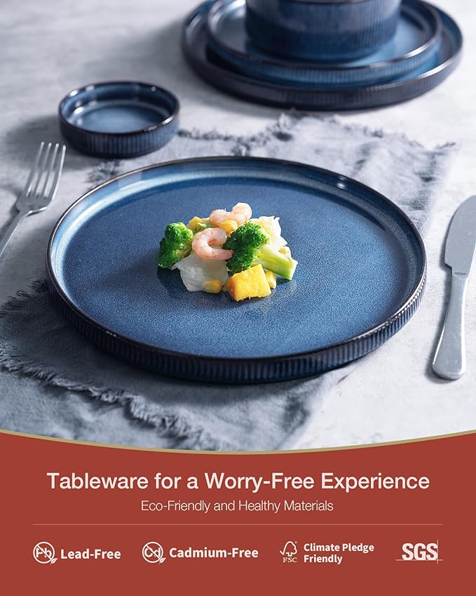 Famiware Star Dinnerware Set with Pasta Bowls, Service for 4 (16pcs), Ribbed Stoneware Plates and Bowls Dishes Sets - Chip & Scratch Resistant, Microwave & Dishwasher Safe, Nebulas Blue