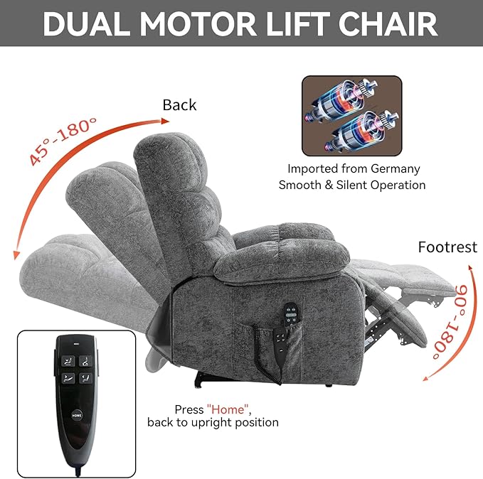 Luxlen Lift Recliner Chair Heat Massage Dual Motor Infinite Position Up to 350 LBS Large Electric Power Lift Recliners with Power-Remote, Medium-Firm and Heavy Duty, Light Grey