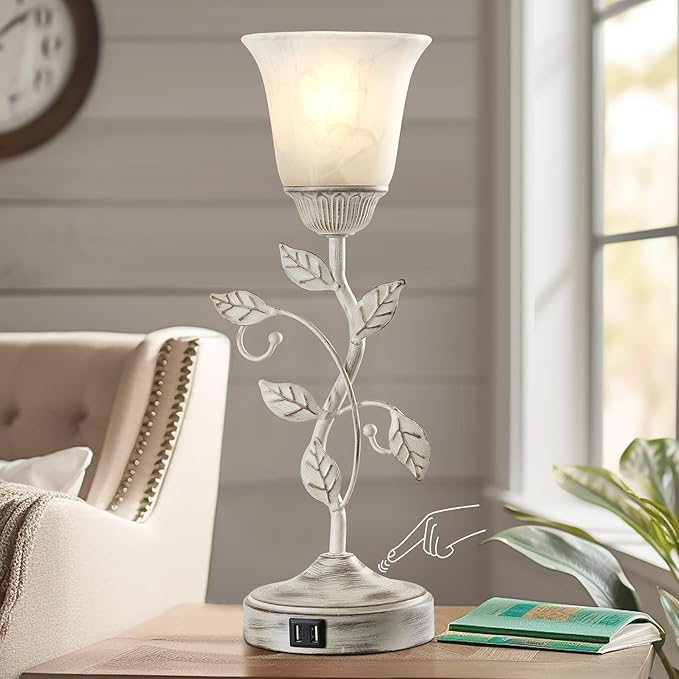RORIANO Rustic Touch Table Lamp for Bedroom, 3-Way Dimmable Nightstand Lamp with 2 USB Ports, Retro Vintage White Glass Shade Leaf Desk Lamp for Living Room Entryway, LED Bulb Included
