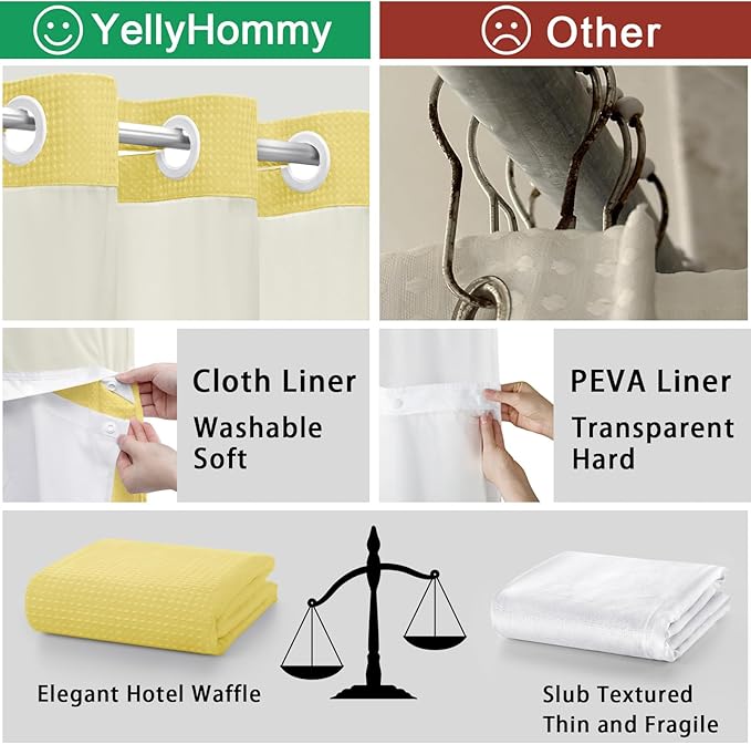YellyHommy No Hook Shower Curtain with Snap in Liner Set Less Time Yellow Waffle Shower Curtain for Bathroom 75" L x 72" W Yellow