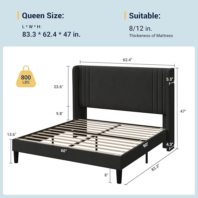 Allewie Queen Size Velvet Platform Bed Frame with Vertical Tufted Wingback Headboard, Easy Assembly, Under Bed Storage, No Box Spring Required, Modern Style, Black