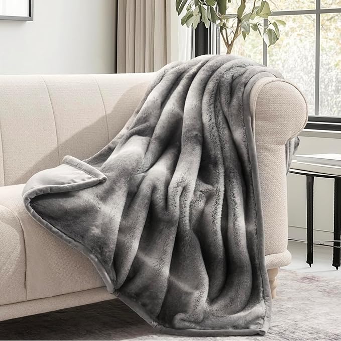 Ultra Soft Luxury Fluffy Mink Faux Fur Throw Blanket, Thick Warm Fall Winter Blankets for Bed, Couch, Cozy Plush Reversible Blanket for Chair, Sofa (Ombré Silver Onyx, 50"x60")