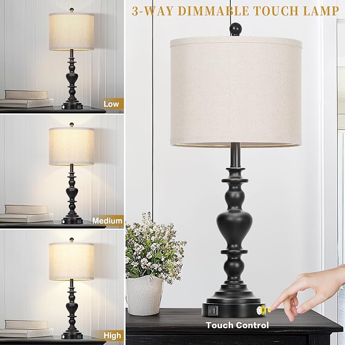 27" Farmhouse Vintage Lamps Set of 2 with USB C+A Charging Ports, Black Rustic Touch Control Table Lamp for Living Room, 3-Way Dimmable Traditional Nightstand Bedside Lamp Linen Washed for Bedroom