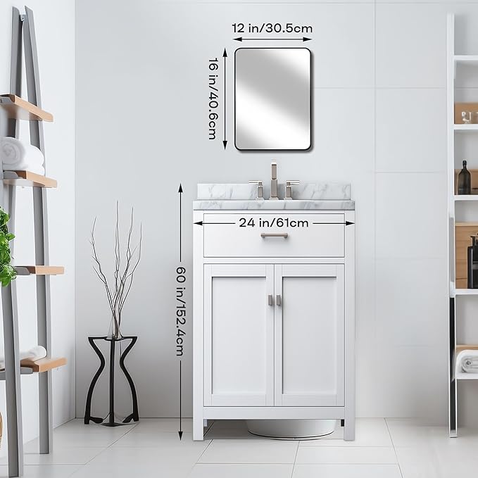 Wall Mount Small Mirror, Brushed Black Metal Framed Rounded Corner Rectangular Makeup Mirror for Bathroom, Bedroom, Living Room (12" x 16",Black)