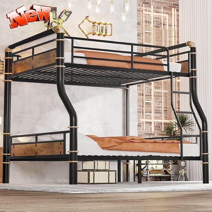 ULUCAN Reinforced Version & Stronger Convertible Steel Full XL Over Queen Size Bunk Bed Frame, Heavy Duty Thickened Safer More Stable Metal Bunkbeds (Full XL Over Queen)