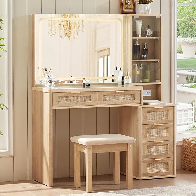 LEYAOYAO Vanity Desk with Mirror and Lights, 43.5'' Makeup Vanity Set with Stool 6 Drawers and Adjustable Shelves, Rattan Wood Make Up Vanity Dressing Table with Glass Top and Power Outlet for Bedroom
