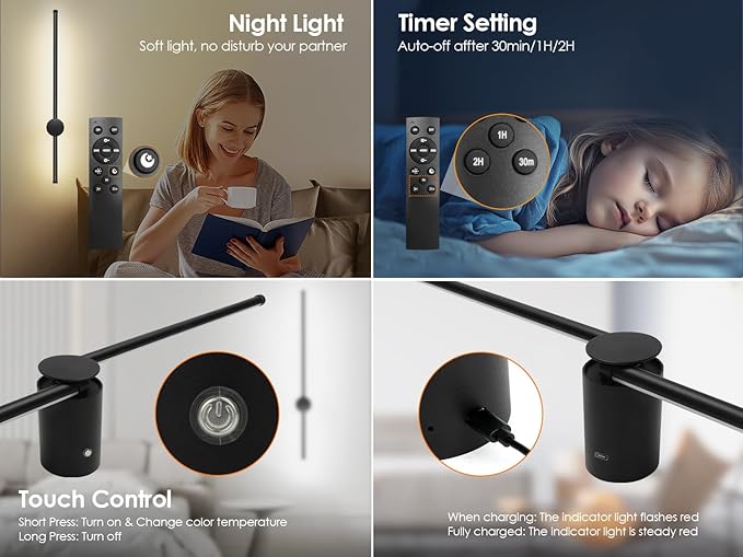 23.6 Inch Battery Operated Wall Sconces Set of Two, 12000mAh Rechargeable Wall Sconce with Remote Control, Dimmable LED Wireless Wall Lights for Bedroom, Living Room, 15 Colors, 180° Rotate, Black