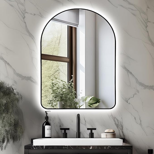 Niccy Arched LED Lighted Bathroom Mirror, 40x30 Inch Backlit Vanity Bathroom Mirror with Lights Brushed Black Framed Wall Mounted Mirrors with 3 Color Shatterproof Arch Smart Fog Free Mirror