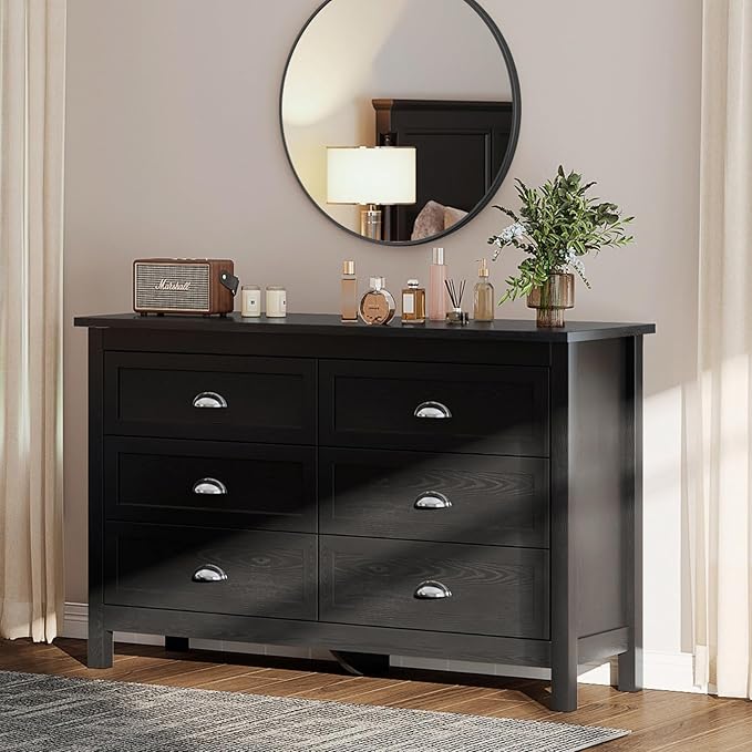 6 Drawer Dresser, Farmhouse Dresser for Bedroom, Antique Black Chest of Drawers, Modern Double Dressers for Bedroom, Closet