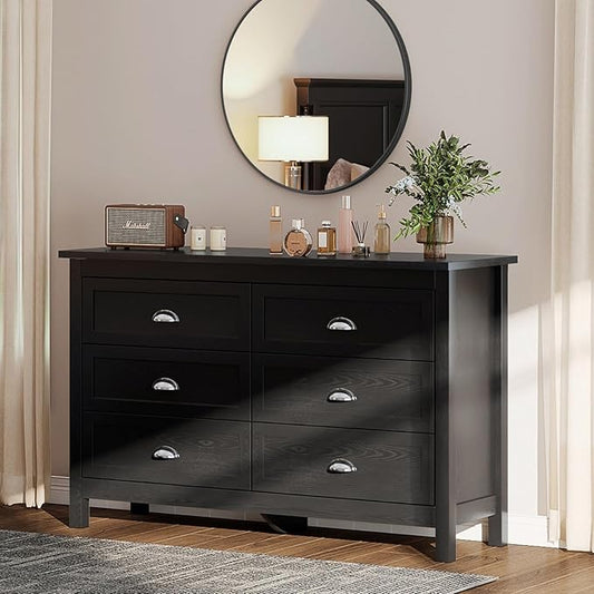 6 Drawer Dresser, Farmhouse Dresser for Bedroom, Antique Black Chest of Drawers, Modern Double Dressers for Bedroom, Closet