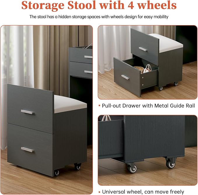 Compact Vanity with 3 Drawers, 3 in 1 Vanity Desk, Makeup Desk with Flip-up 3 Colors Lighting Mirror and Cushioned Stool, Small Vanities Nightstand Perfect for Bedroom, Gray