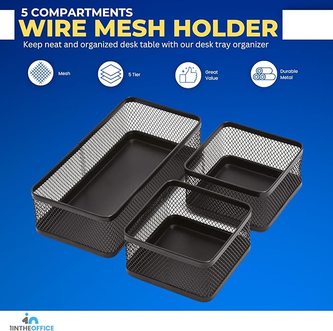 1InTheOffice Mesh Collection Desk Drawer Organizer Tray 3 Compartment - Stackable, Matte Black