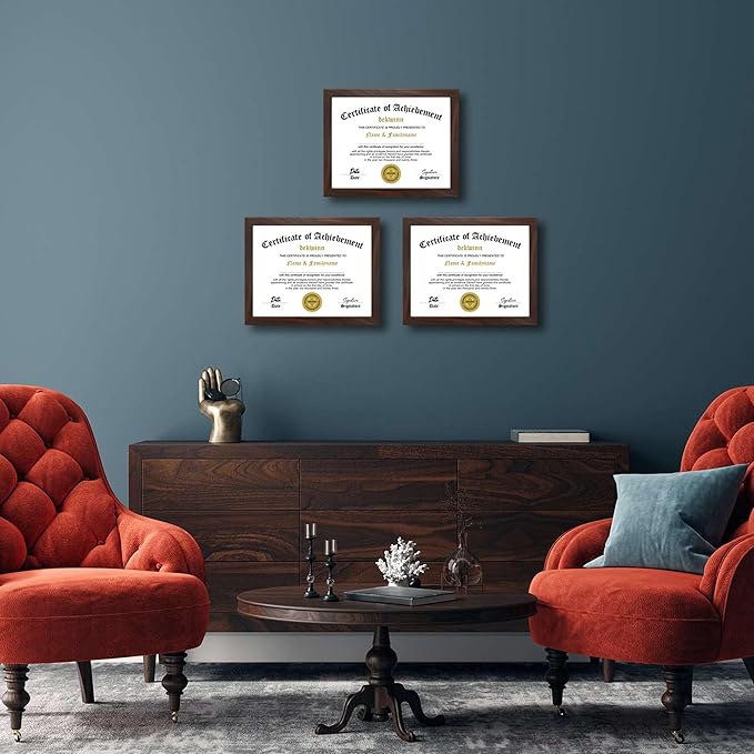 8.5x11 Diploma Frame Certificate Document Frame Set of 3 with High Definition Glass,Picture Frame for Wall and Tabletop Display in Walnut