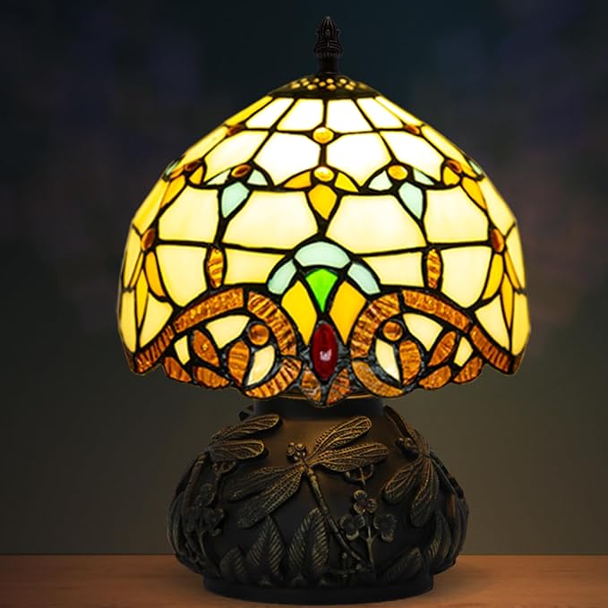 Small Tiffany Stained Glass Lamp, 3 Color Temperatures Bedside Lamp, 8 Inch Mushroom Desk Light for Bedroom Living Room Office Home Decor (Beige Baroque)