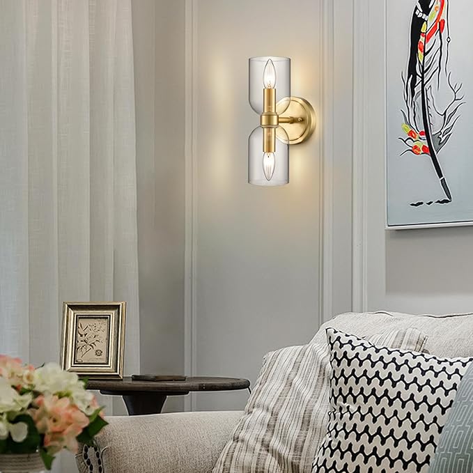 CLAXY Gold Wall Sonce Dimmable E12 Based Wall Lamp for Bathroom with Clear Shades-Vertical and Horizontal Installation