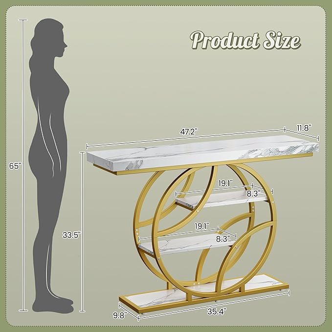 Huuger 47.2 Inch Entryway Table with Marble Top, Modern Console Sofa Table, Accent Table with Shelves, for Entry, Hallway, Entrance, Foyer, O-Shaped Metal Frame, White Marble & Gold