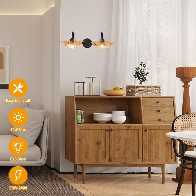 2 Light Bathroom Vanity Light Black Wall Sconce with Amber Flower Glass Shade mid Century Wall Light Vintage Wall Sconce Matte Black Vanity Light Over Mirror for Bedroom Hallway Living Room