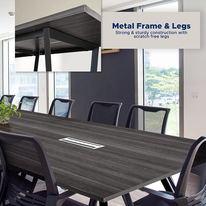 Sturdy Conference Table with Cable Management Grommets Modern Rectangle Office Meeting Table with Wood Tabletop and Metal Frame & Legs- Easy Assembly Boardroom Table (Grey, 10 Foot)