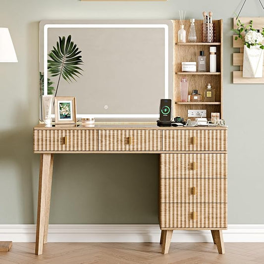 Large Makeup Vanity Desk with Mirror and Lights, Vanity Desk with 6 Drawers & Storage Shelves, Vanity Table with Power Outlet, 3 Color Modes & Adjustable Brightness Dressing Table, Bedroom,Oak