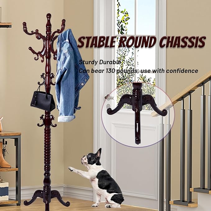 73 in Wood Coat Rack, Coat Rack Freestanding with Stable Round Base, Adjustable Height Tree Coat Racks Stand for Home Bedroom Office Hallway Entryway (Triangle Redwood)