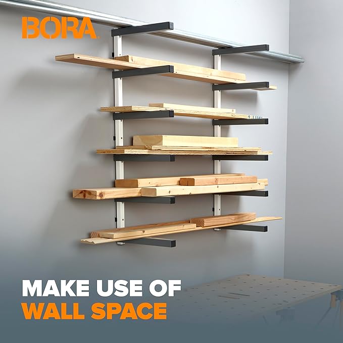 Bora 6 Level Lumber Storage Rack Wood and Garage Organization Space Saving Metal Shelf for Pipes, Boards, Plywood, and Building Materials - PBR-0620 White Gray