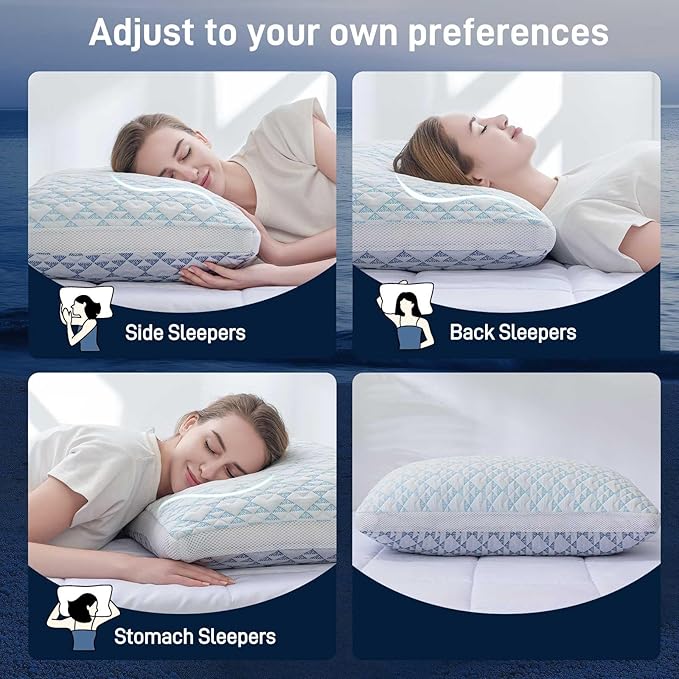 Shredded Memory Foam Cooling Soft Bamboo Viscose Pillows Queen Size Set of 2, Adjustable Hypoallergenic Hotel Quality Bed Pillows for Back, Stomach and Side Sleeper, Oeko-TEX Certified