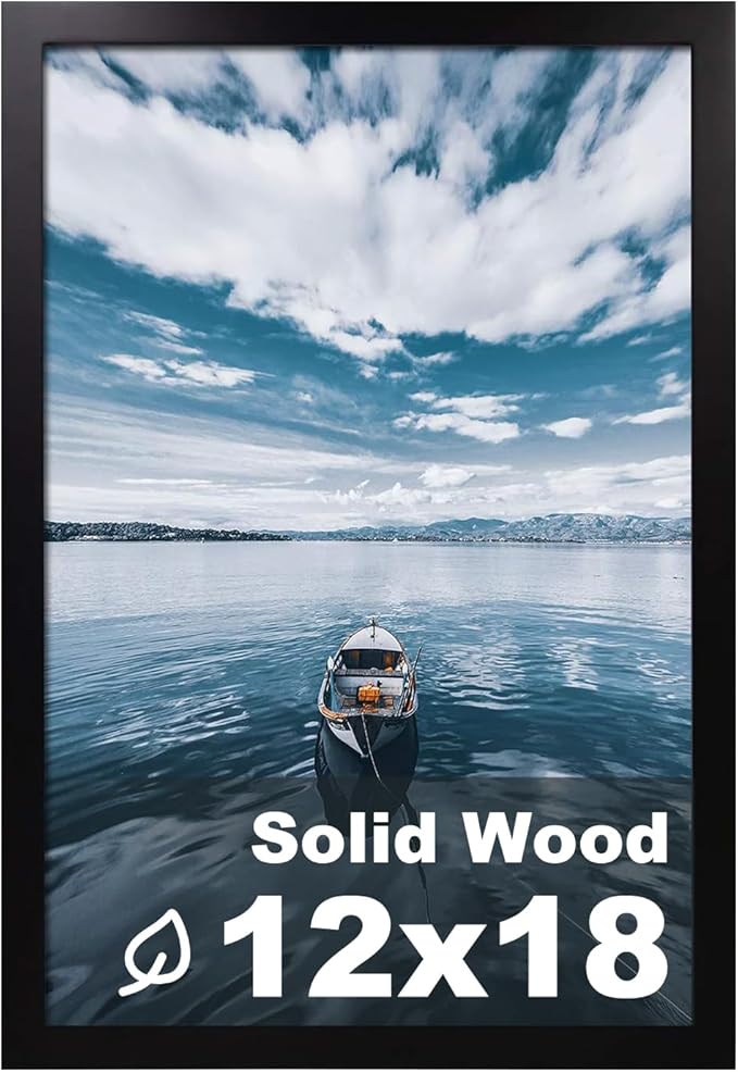 Egofine 12x18 Solid Wood Picture Frame, Made of Solid Wood Covered by Plexiglass 8.5x11 with Mat 12x18 without Mat, Poster Frame for Wall Mounting Hanging Photo Frame Vertically or Horizontally, Black