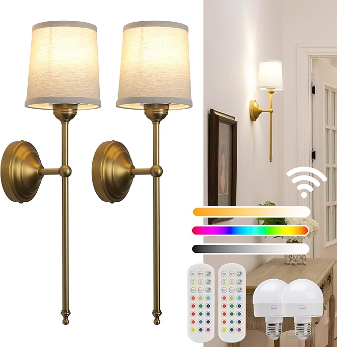 Battery Operated Sconces Wall Lighting Fixture Set of 2 with Linen Fabric Shade, RGB Color Changing USB Rechargeable Wall Mounted Lamp for Living Room Bedside Nightstand Light