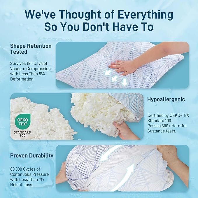 Shredded Memory Foam Cooling Soft Bamboo Viscose Pillows Queen Size Set of 2, Adjustable Hypoallergenic Hotel Quality Pillows for Back, Stomach or Side Sleeper, Oeko-TEX Certified