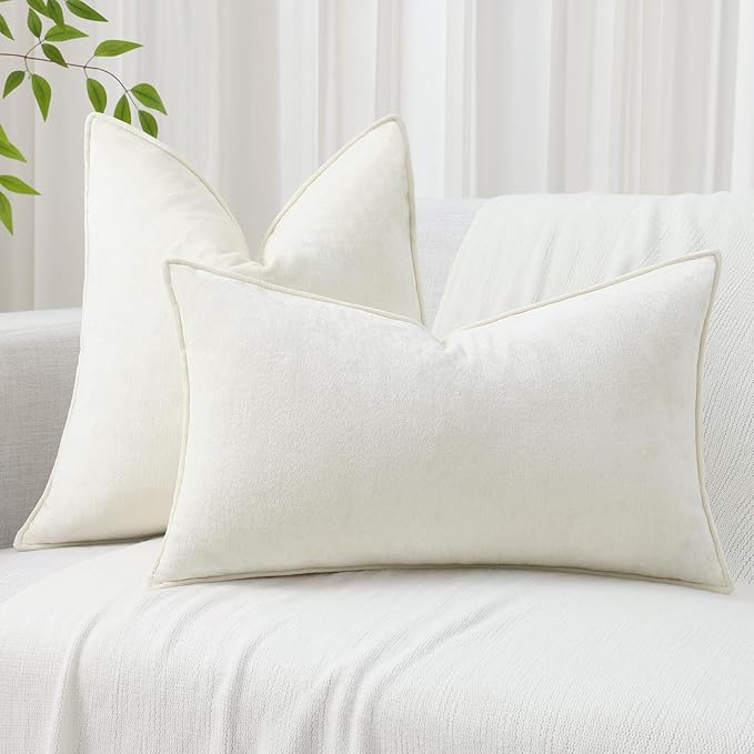 decorUhome Couch Throw Pillow Covers 26x26 Set of 2, Decorative Soft Euro Neutral Chenille Pillow Covers with Elegant Design for Sofa Bed Living Room Home Decor, Cream White