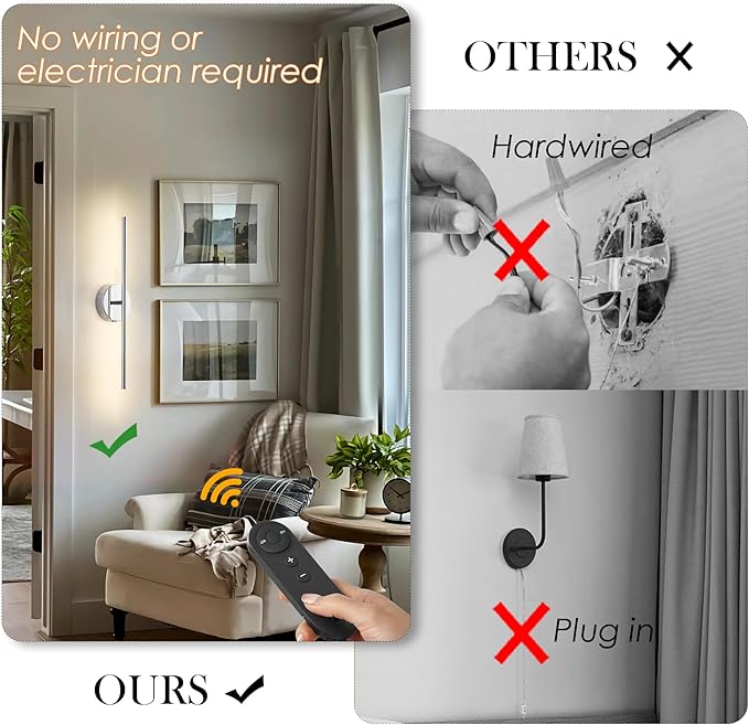Battery Operated Wall Sconces with Remote Control, Dimmable Wall Sconces Set of Two, 350°Rotate, 3000K LED Chrome Wireless Wall Light for Living Room, Bedroom,Hallway, 20.4 Inch (2 Pack)