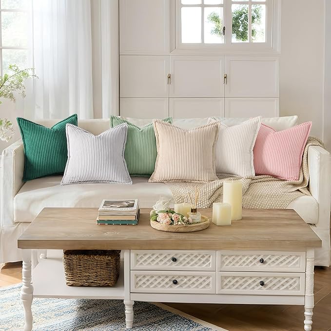 Mecatny Corduroy Throw Pillow Covers 26x26 Set of 2, Neutral Decorative Soft Boho Couch Pillow Covers with Broadside for Sofa Living Room, Sage Green