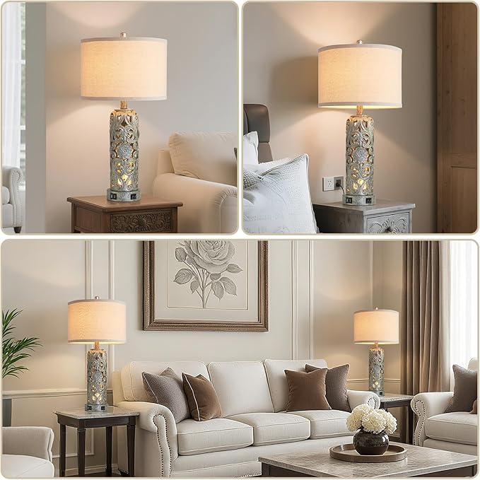 25'' Set of 2 Industrial Table Lamps for Living Room with Dual USB Ports, Vintage Resin Nightstand Lamp for Bedroom with Nightlight, Antique Rustic Desk Lamp for Entryway, 2 Bulbs Included