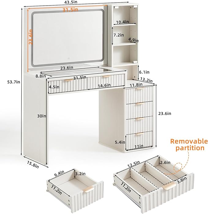 LEYAOYAO Fluted Makeup Vanity Desk with Mirror and Lights, 43.5'' White Vanity Table with Glass Top and Power Outlet, Make Up Vanity with 6 Drawers and Adjustable Shelves for Bedroom