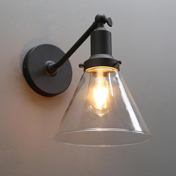 PERMO Industrial Vintage Slope Pole Wall Mount Single Sconce with Funnel Flared Clear Glass Shade Wall Sconce Light Lamp Fixture (Black)