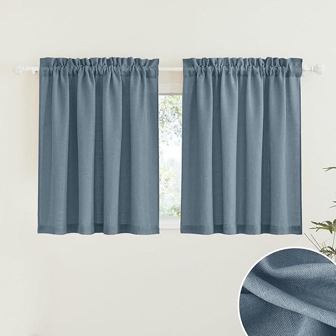 RYB HOME Sheer Curtains for Bedroom, Linen Wave Texture Semitransparent Voile Curtain Drapes Rod Pocket Window Treatment for Dining Room Bathroom Bedroom, Stone Blue, W52 x L45 inch, Set of 2 Panels