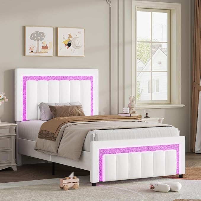 HOMBCK Twin Bed Frame with LED Lights and Velvet Upholstered Headboard, Bed Frame Twin Size with Modern Diamond Headboard Adjustable, Wooden Slats Support, Noise Free, No Box Spring Needed, White