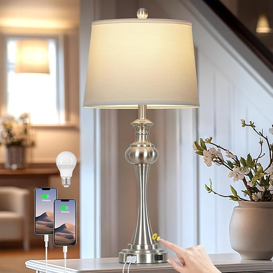 28.75" Silver Table Lamps for Living Room,3 Way Touch Control Table Lamp, Bedside Desk Lamp with Metal Base Modern Nightstand Lamp Simple Side Table Lamp for Bedroom,Office,LED Bulb Included