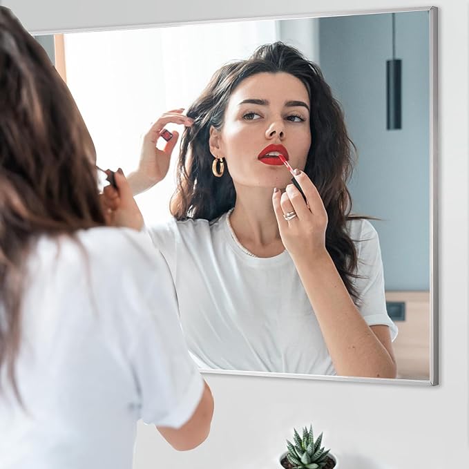 20x36 Inch Silver Bathroom Mirror - Copper-Free Mirror, Aluminum Alloy Frame Vanity Rectangle Wall Mounted Modern Mirror for Bedroom/Living Room/Porch Horizontal or Vertical