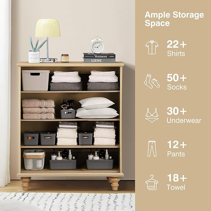 ORRD 8 Drawer Dresser for Bedroom, Mid Century Modern Wide Wood Rustic Chest of Drawers Wooden Storage Organizer Dressers with Burlap Rattan Drawers for Living Room, Hallway Closet, Entryway, Natural