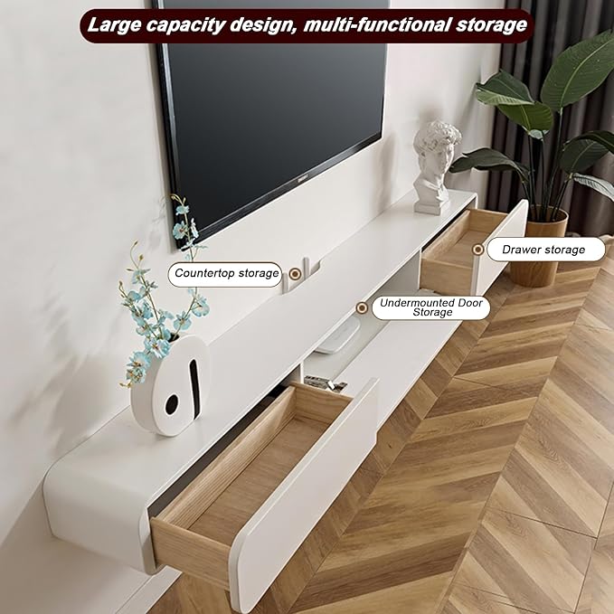 FPIGSHS Wall Mounted Media Console with 2 Drawers Solid Wood Floating TV Stand Hanging TV Shelf Entertainment Center TV Cabinet, for Home Office (B, 220CM/86.6IN)