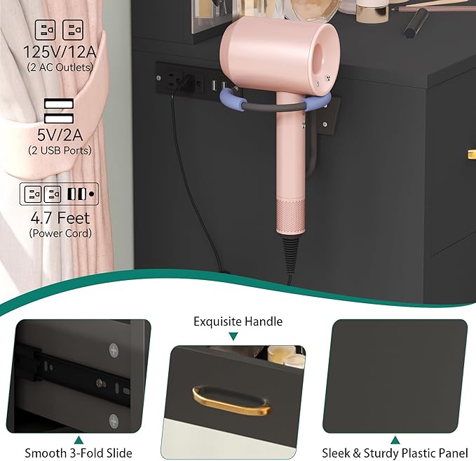 YITAHOME Vanity Desk Set with Lighted Mirror, Makeup Vanity with Power Outlets & Storage Drawers, Vanity Set with Stool