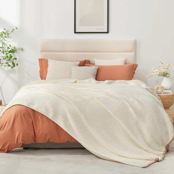 Snuggle Sac Cream Waffle Throw Blanket for Couch Bed Sofa 60x80 inches, Reversible Cream Blanket Microfiber Fluffy Fuzzy Cozy Knit Twin Blanket for Women Mothers Birthday Gifts