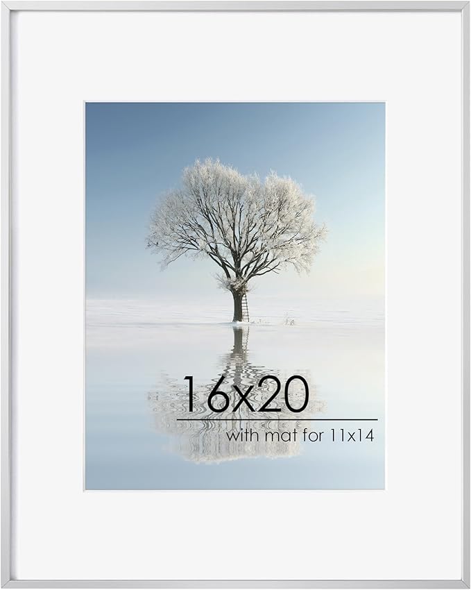 16x20 Metal Picture Frame For Wall With Mat For 11x14, 16''x20'' Aluminum Photo Frames With Tempered Glass, Minimalist Modern Poster Frame Horizontal And Vertical Formats, Silver