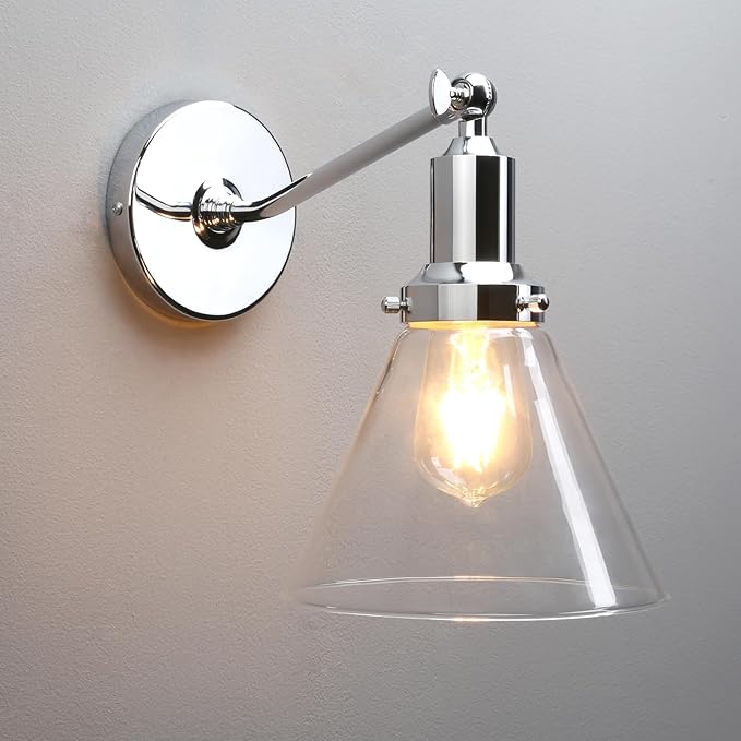 PERMO Industrial Vintage Slope Pole Wall Mount Single Sconce with Funnel Flared Clear Glass Shade Wall Sconce Light Lamp Fixtures (Chrome)
