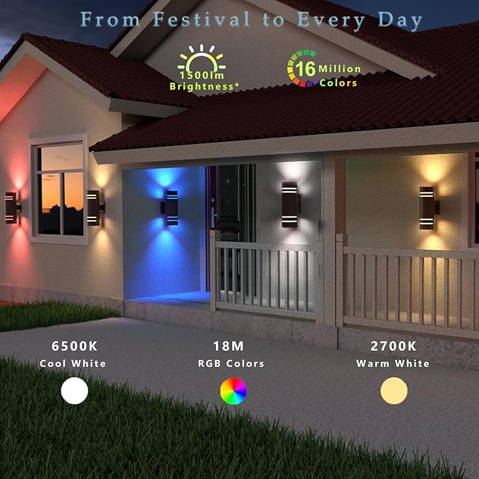 Smart Outdoor Wall Lights Color Changing 2 Pack, RGB+2700K-6500K Modern Exterior Lighting Fixtures Cylinder Outside Wall Sconce with Glass, WiFi APP Control Up Down Outdoor Porch Lights